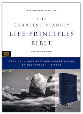 Cover of NIV Charles F. Stanley Life Principles Bible, 2nd Edition, Comfort Print--soft leather-look, blue (indexed) - Imperfectly Imprinted Bibles