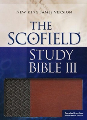 Cover of NKJV, Scofield Study Bible III, Basketweave bonded leather, brown/tan, thumb-indexed - Imperfectly Imprinted Bibles