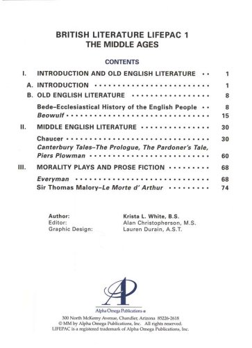 Cover of British Literature Lifepac 1: The Middle Ages