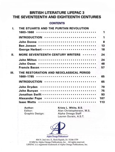 Cover of British Literature Lifepac 3: The 17th and 18th Centuries: Neoclassical and Romantic