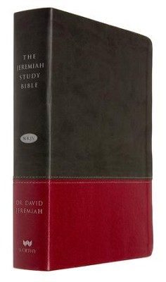 Cover of NKJV The Jeremiah Study Bible--soft leather-look, charcoal/burgundy (indexed) - Imperfectly Imprinted Bibles